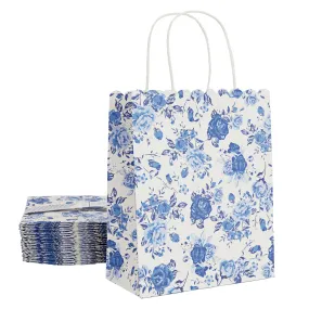 24-Pack Floral Gift Bags, 8x4x10-Inch Medium Size Gift Bags with Handles, Paper Bags with Colorful Rose Flower Print (Blue)