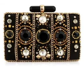 Black Satin Beaded Rhinestone Clutch Bag