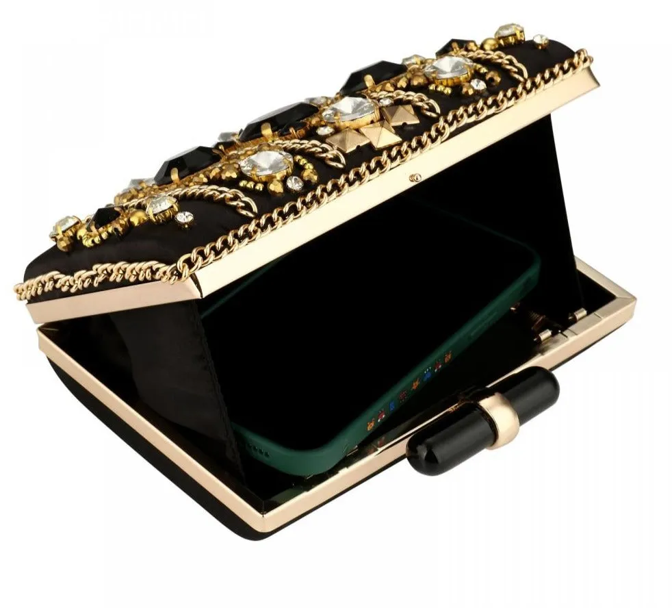 Black Satin Beaded Rhinestone Clutch Bag