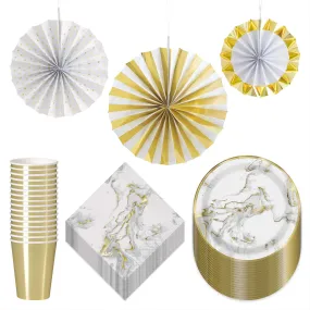 Deluxe White & Metallic Gold Marble Party Pack - Paper Dessert Plates, Napkins, Gold Cups, and Hanging Paper Fans (Serves 16)