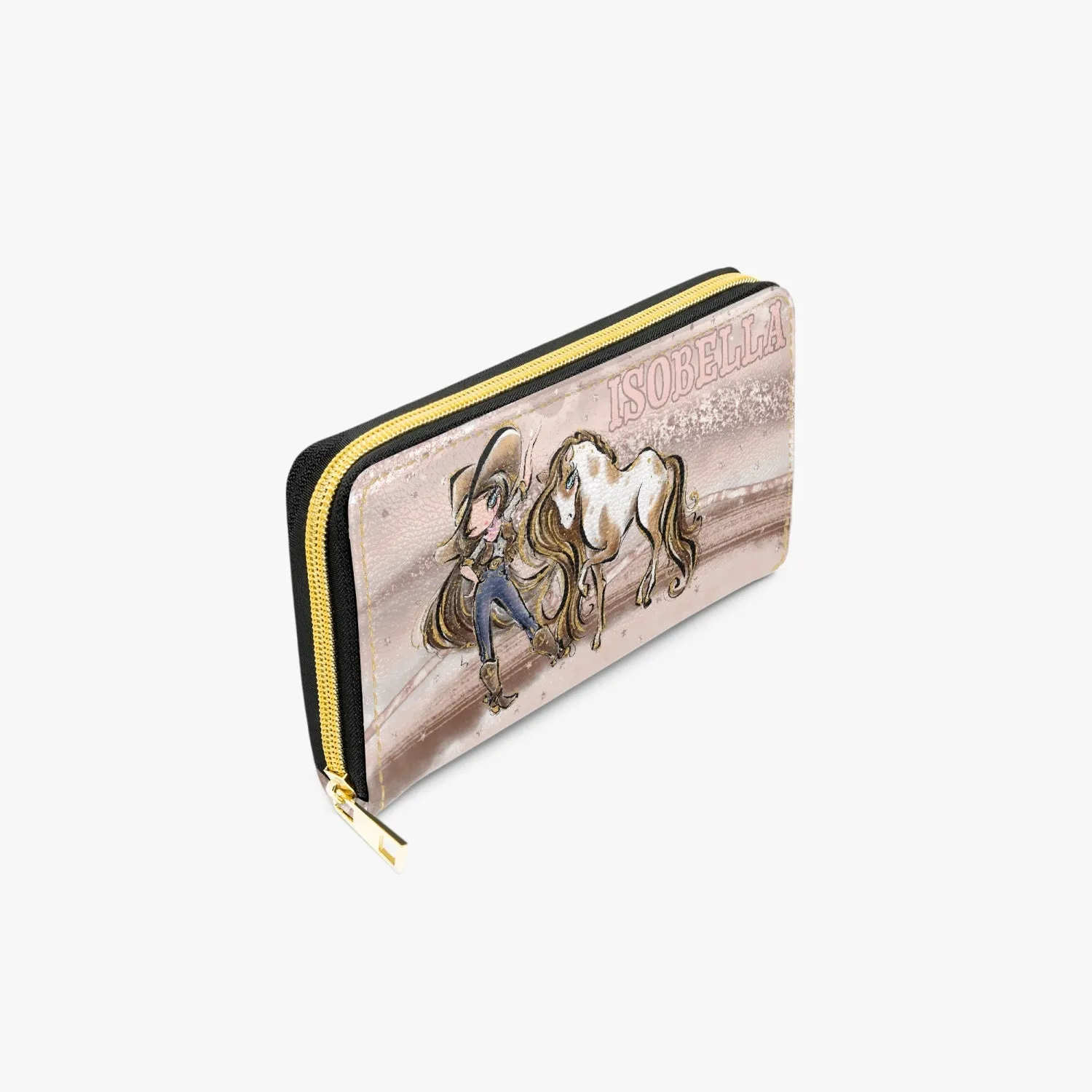 Long Type Zipper Purse, Howdy Cowgirl & Horse, Brunette Hair Blue Eyes, Personalised