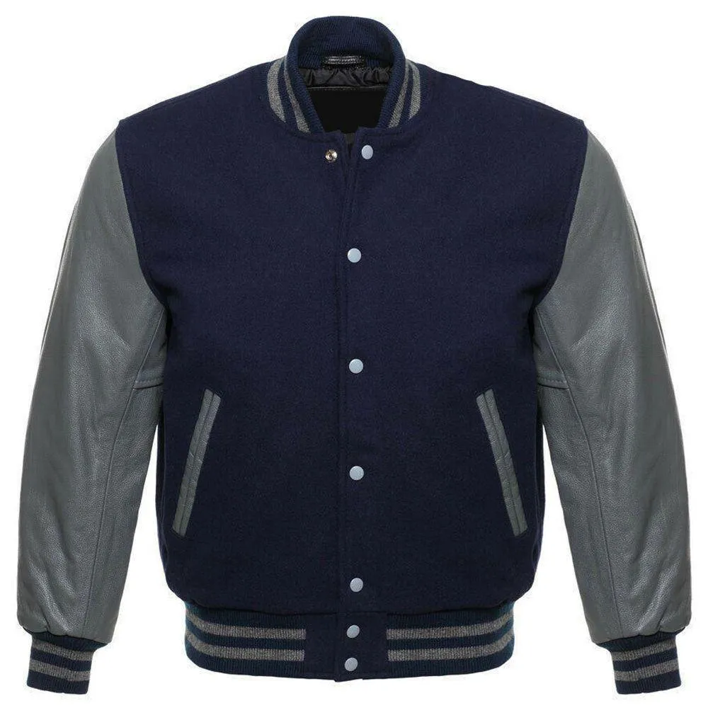 Navy Blue and Grey Leather Sleeve Varsity Jacket with Custom Logos