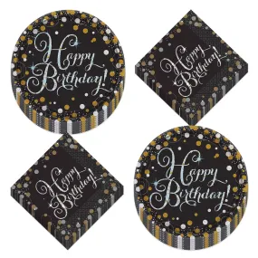 Sparkling Birthday Celebration Metallic Silver and Gold Dot Paper Dessert Plates and Beverage Napkins (Serves 16)