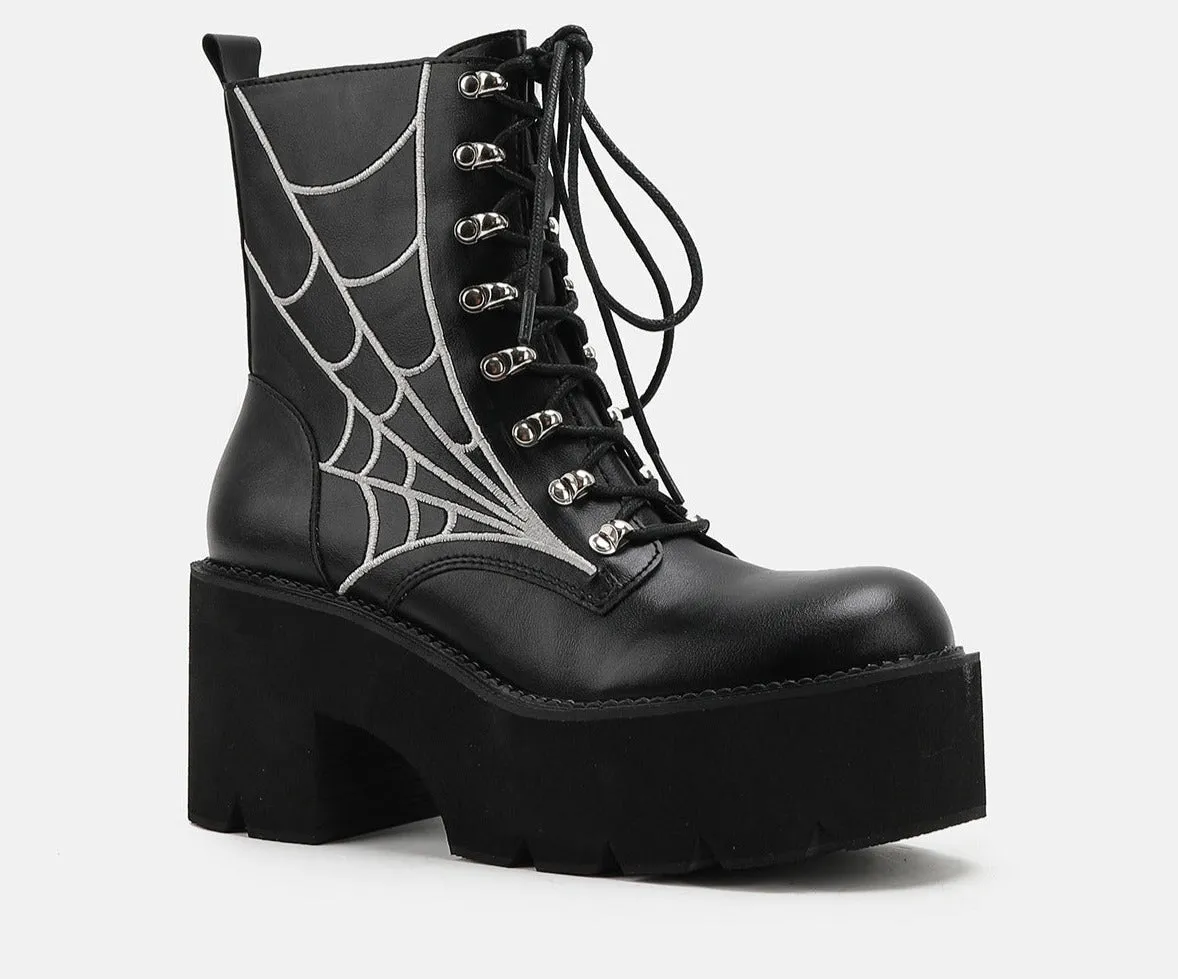 Spider Web Print Lace-Up Platform Ankle Boots